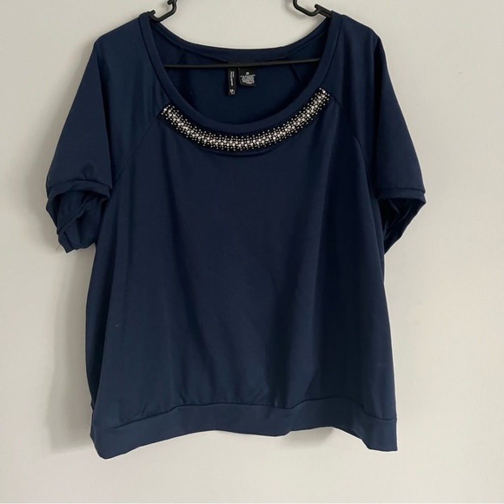 New Directions Navy Blue Embellished Scoop Neck Short Sleeve Blouse
